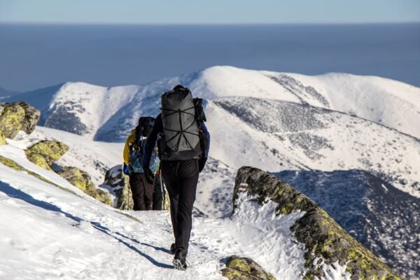 Snow Mountains - Hikers with backpacks trek through snow-covered  #31348069