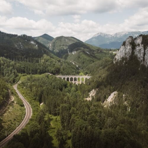 Mountain Landscapes - Stunning aerial view of alpine viaduct and lush  #33632865