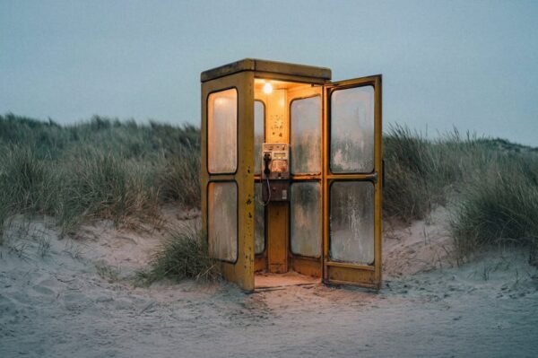 Beach Scenery - An illuminated vintage phone booth stands alone  #35639899