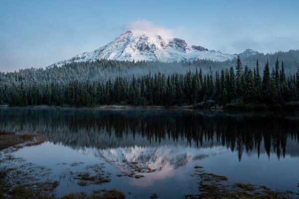Mountain Landscapes - Mount Rainier reflecting in scenic lake with sno #5643454