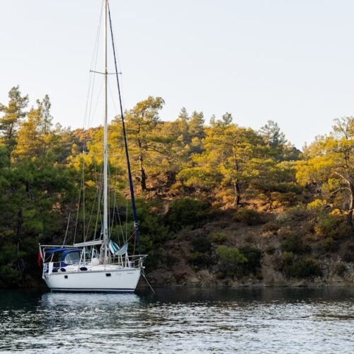 Lake Reflections - A peaceful scene of a sailboat anchored near a l #5730204