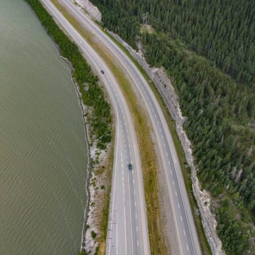 Lake Reflections - Drone shot of a winding road flanked by lush for #7054809